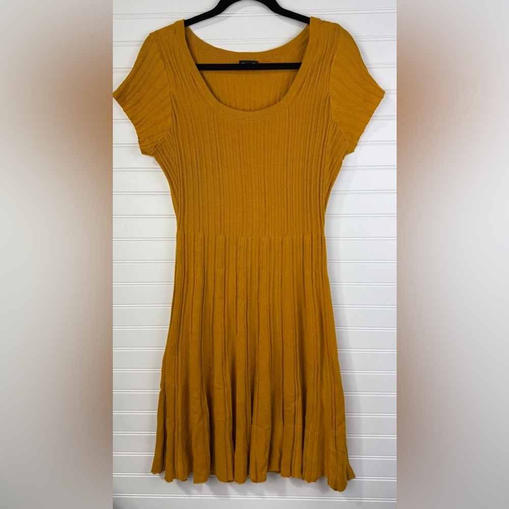 Mustard Ribbed Scoop Neck Short Sleeve Dress
